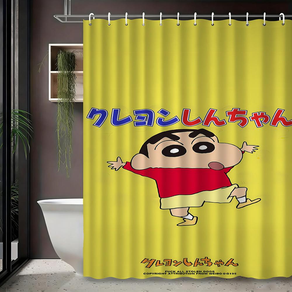 Crayon Shin-Chan Himawari & Pink Crocodile Toy Cartoon 2D Print Waterproof Shower Curtain, Minimalist White With Colorful Stars