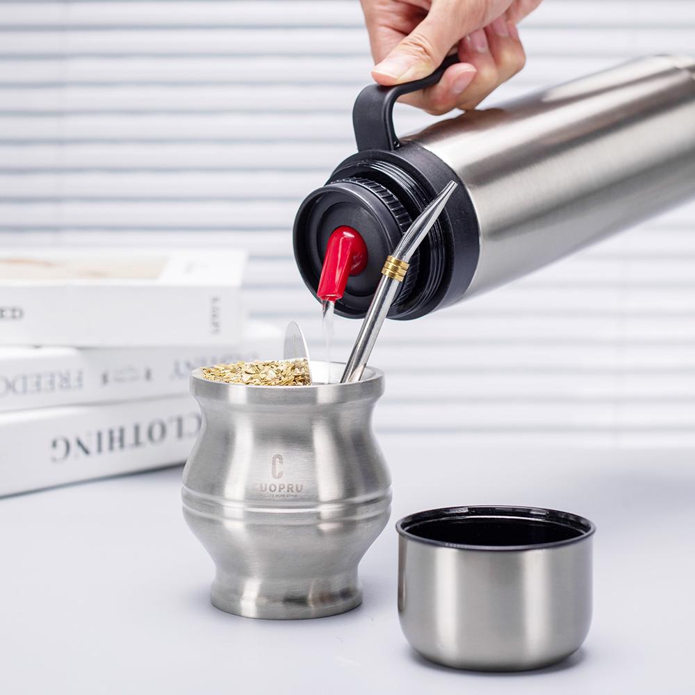 Yerba Mate Kit - Modern Mate Gourd, Bombilla, Cleaning Brush, Thermos Set Included - Premium 304 Stainless Steel (Silver)