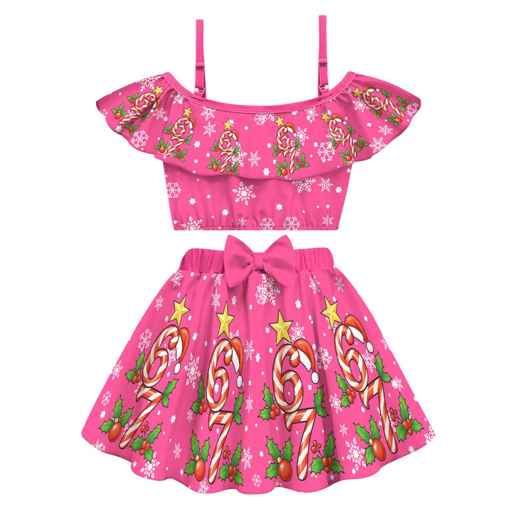 20757 Kids Girls Steal a Brainrot 67 Print Swimsuit Swimwear Top Skirt Sets