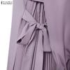 ZANZEA Muslim Casual Irregular Pleated Design Women Loose Long Sleeve Dress