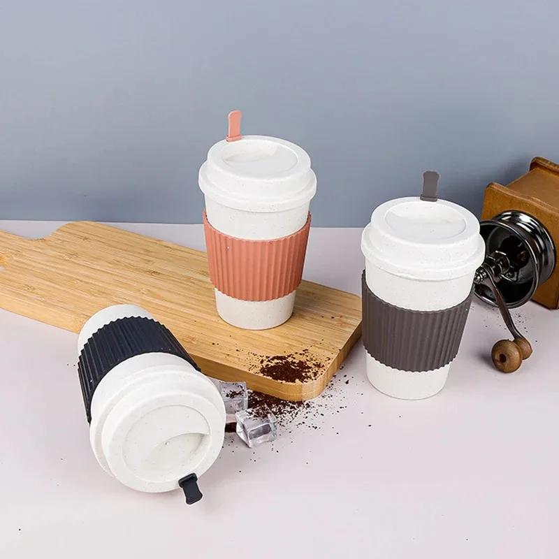 450ml šálky na kávu s víčky Pšeničná sláma Opakovaně použitelný přenosný šálek na kávu Lze mýt v myčce na kávu Hrnek na kávu Cestovní šálky na čaj