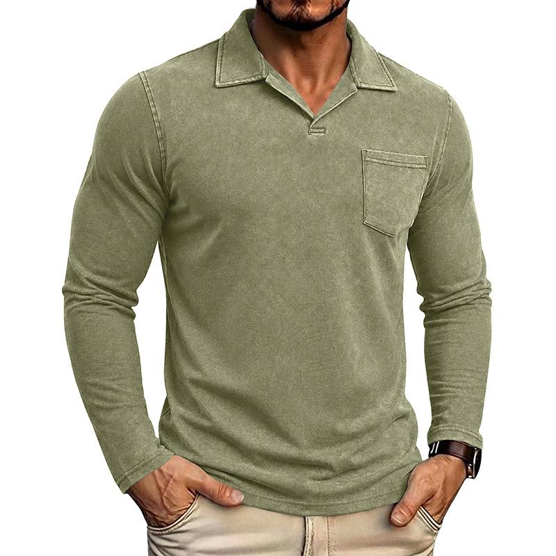 Men Vintage Washed Distressed Long Sleeve Polo Shirt Turn Down Collar Casual Top
