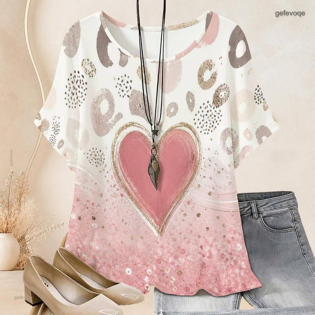 Women Plus Size Loose Batwing Sleeve Top Round Neck Colorful Graffiti Heart Star Print Casual Short Sleeve Tunic Blouse