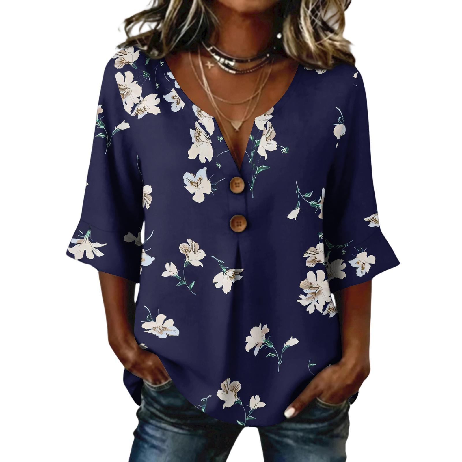 

Ladies floral print button casual V-neck fashionable seven quarter sleeve top XL тёмно-синий