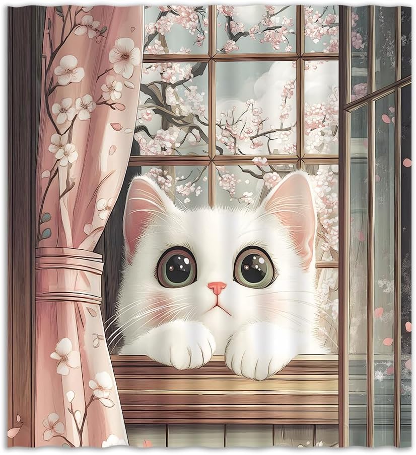 Japanese Cute Cat Shower Curtain Cherry Blossom Anime Asian Style Funny Animal Floral Fabric Bathroom Decor Curtain With Hooks