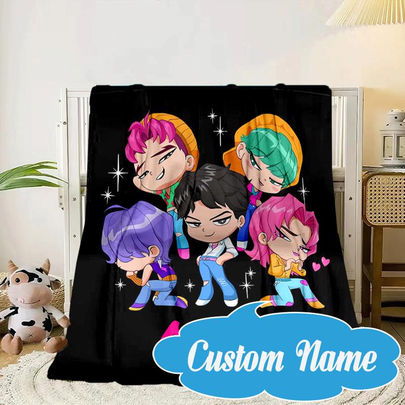 Custom Name KPop Cartoon Blanket Bed Sofa Blanket Flannel Blanket for Camping, Hiking, Picnic Essentials,gift for Fan Family