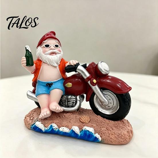 Beach Dwarf Decoration Funny Summer Santa Motorcycle Figurine with Beer, Resin Motorbike Gnome Environmentally Friendly Art Sculpture, Outdoor Garden