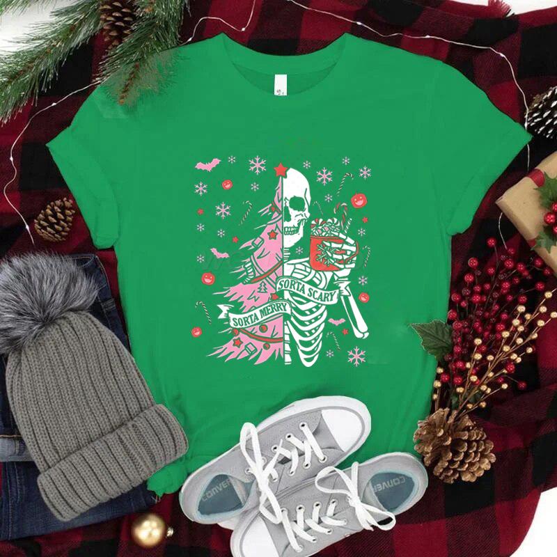 Street Christmas Fashion Short Sleeve Tshirts for Women Festive Skeleton with Coffee Tree Print Tshirt Festive Holiday Tee Top