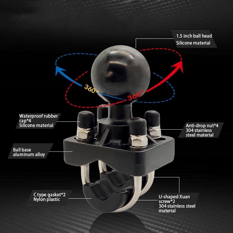 Double U-Bolt Motorcycle Bike Handlebar Rail Mount Base with 1.5 Inch Ball for Gopro Camera for Garmin for