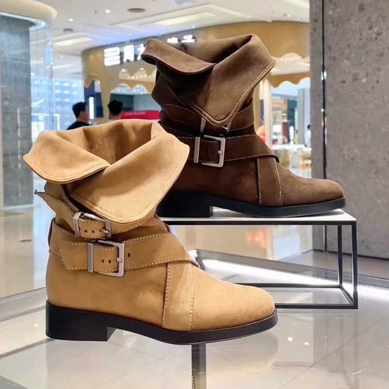 Sheepskin version~ Korean niche round head thick heel cross belt buckle Martin boots folded two wear cowboy boots women's short boots