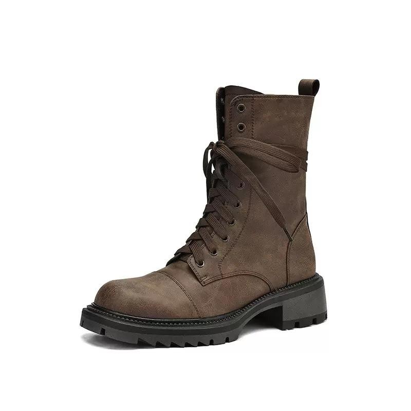 Sheepskin Retro Thick Heel Lace-up Medium Motorcycle Boots Women's Leather High-end Boots Niche Design Thick-soled Martin Boots