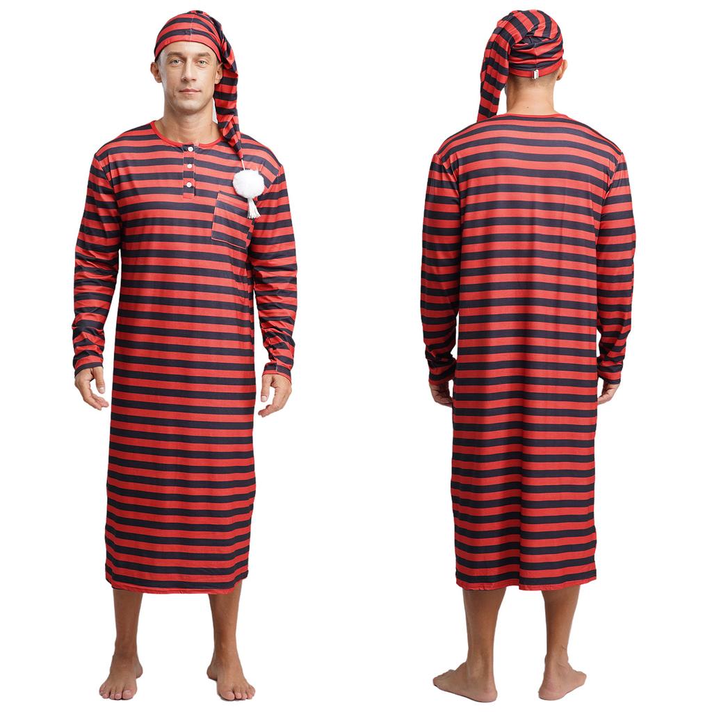 Heren Gestreept Lange Mouw Losse Lange Badjas Hoodie Pompon Sissy Nachtkleding Kerst Slaapset