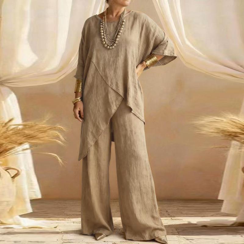 Summer Half Sleeve Irregular T Shirt Loose Wide Leg Pants Suit Women Casual Two Piece Set Cotton Linen Outfits