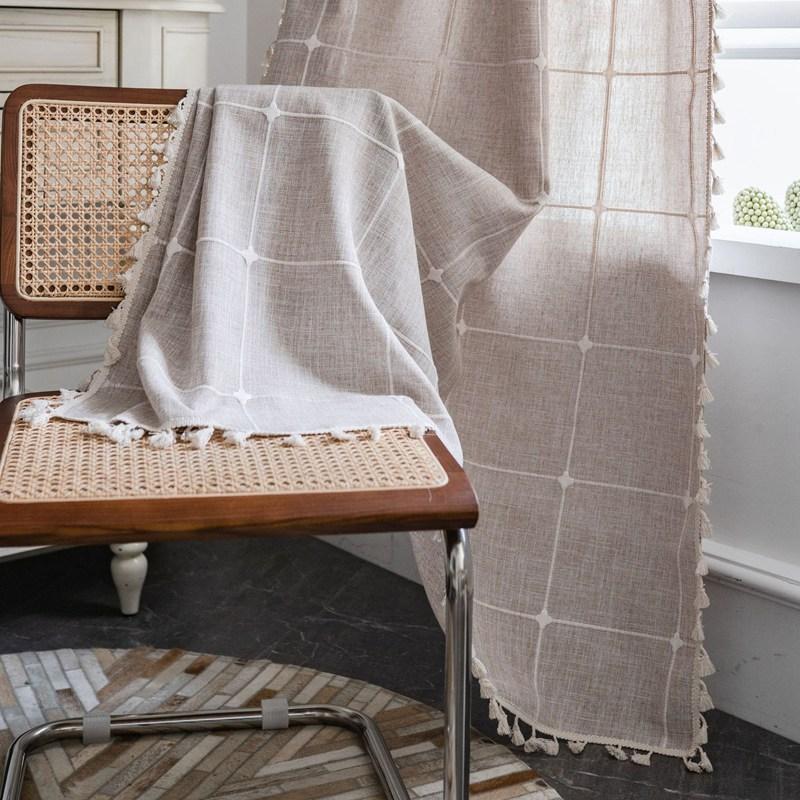 American Cotton Linen Plaid Curtains for Living Room Semi Blackout Bedroom Drapes Cabinet Home Life Tassel Decorative Valance