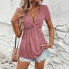 Ladies' Casual Solid-color V-neck Short-sleeved Knotted Cinched Waist Top T-shirt