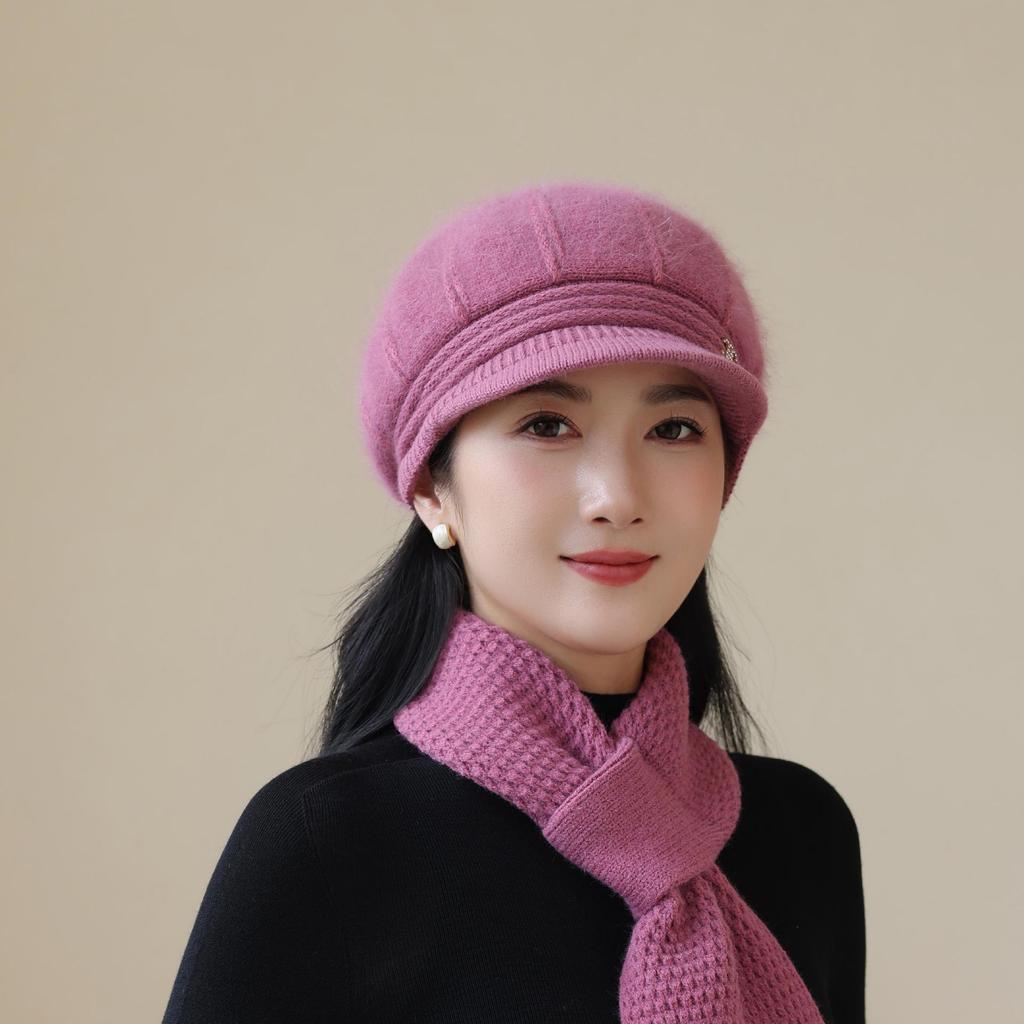 Knitted Woolen Hat New Rabbit Fur Hat for Women Mother  Middle Aged and Elderly Plus Velvet Warm Hat Grandma's Cold Proof Scarf