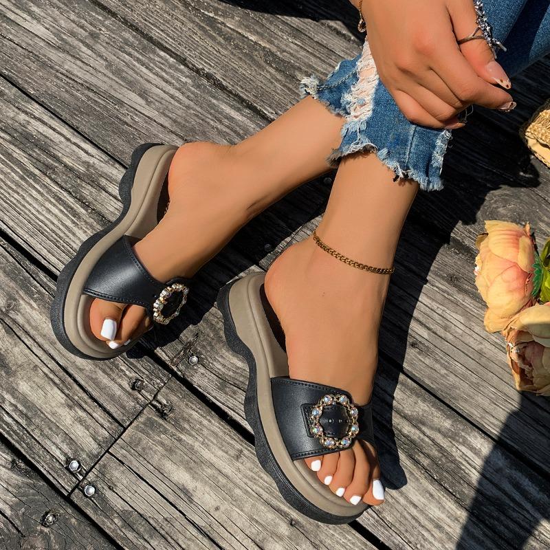 Fashion 2025 Summer Women’s Open Toe Slippers Fashion Rhinestones Buckle Round Toe Platform Concise Sandals for Daily Casual Slippers