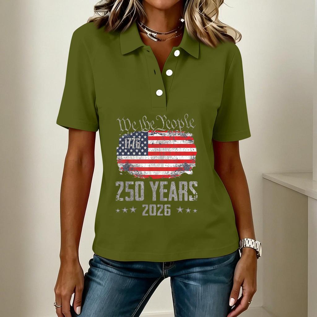 Damen Freizeit Kurzarm Hemd mit Knöpfen 250. Jubiläum Grafikdruck Polo Top für Unabhängigkeitstag Feier 2026 Gedenk-T-Shirt