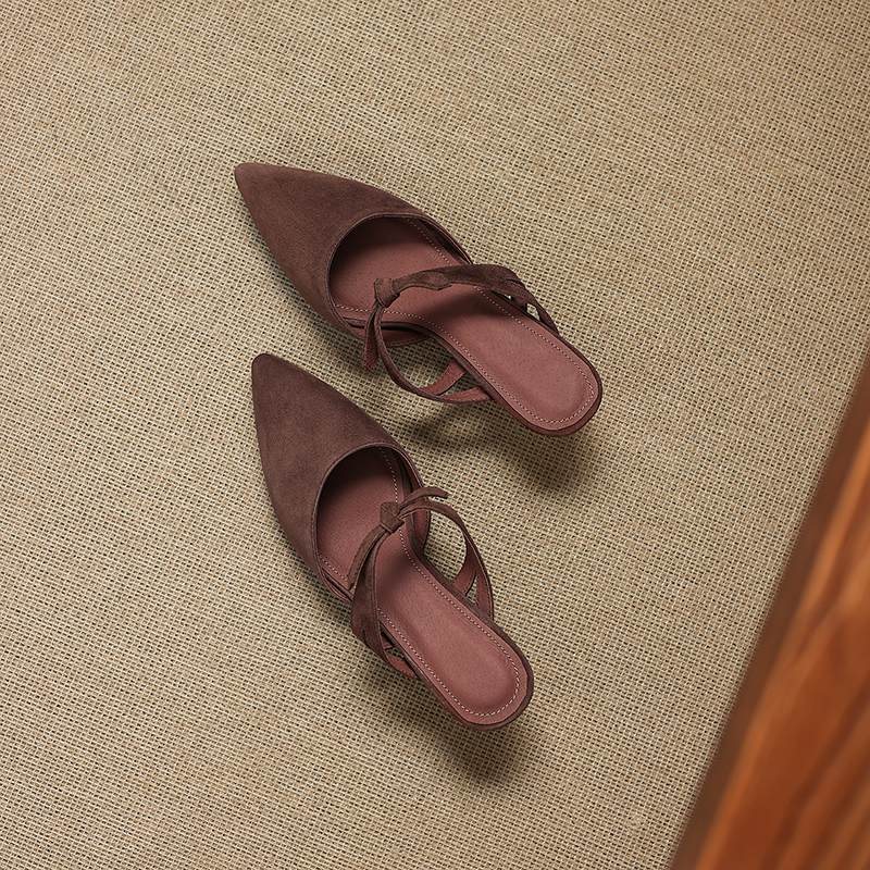 Krazing Pot Suede Butterfly-knot Mules Strange Style Med Heels Summer Size 42 Pointed Toe Slip on Women Shallow Pumps