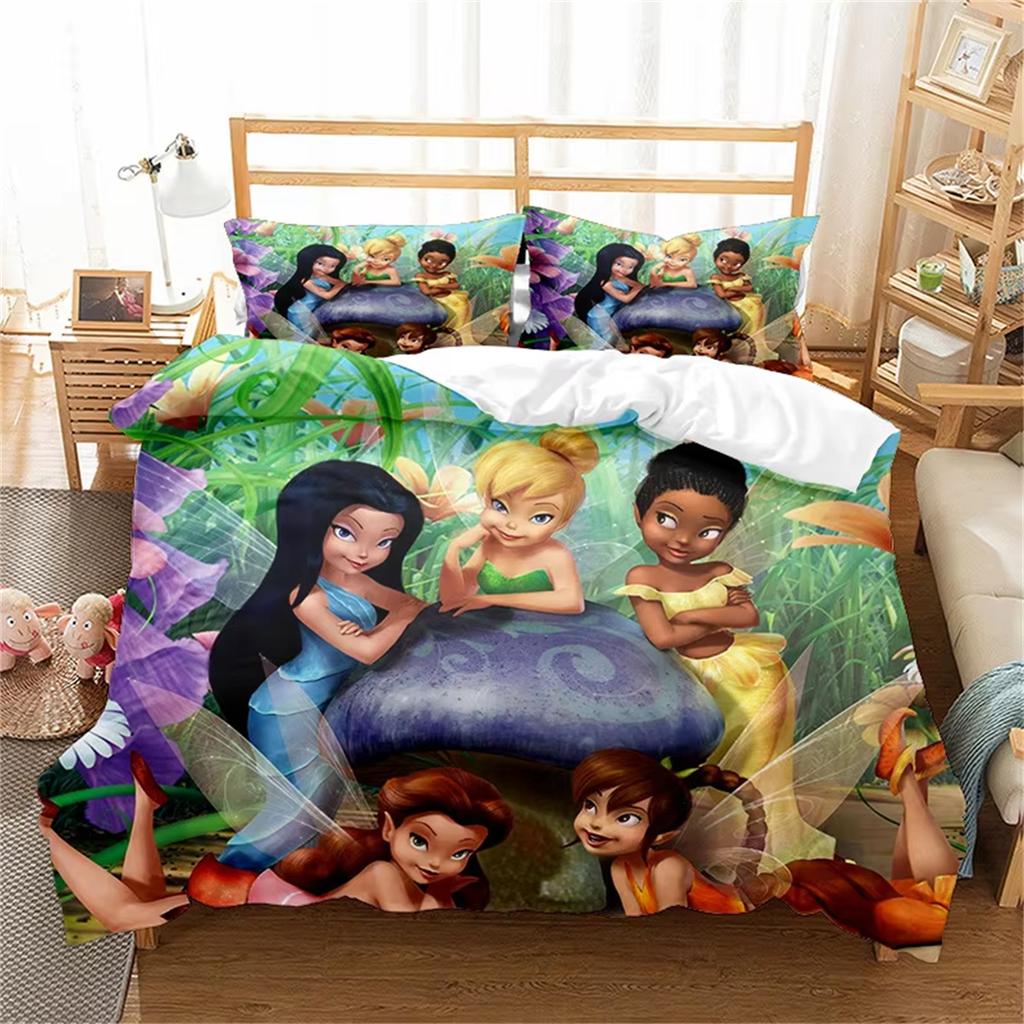 Fairy Girl Animation Bedding Set, Anime Tinkerbell Elf Duvet Cover Children's Microfibre Bed Linen with Zipper and Pillowcases