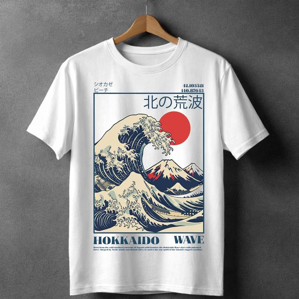 Summer Unisexs Hokkaido Wave Print Round Neck Tshirt Casual Street 100 Pure Cotton Neutral Outdoor Vacation Short Sleeved Shirt