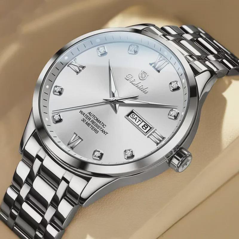 Lysende vanntett mekanisk klokke for menn med kalender