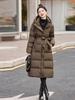 White duck down women's long over the knee winter new hooded waist slim and thin thickened belt jacket