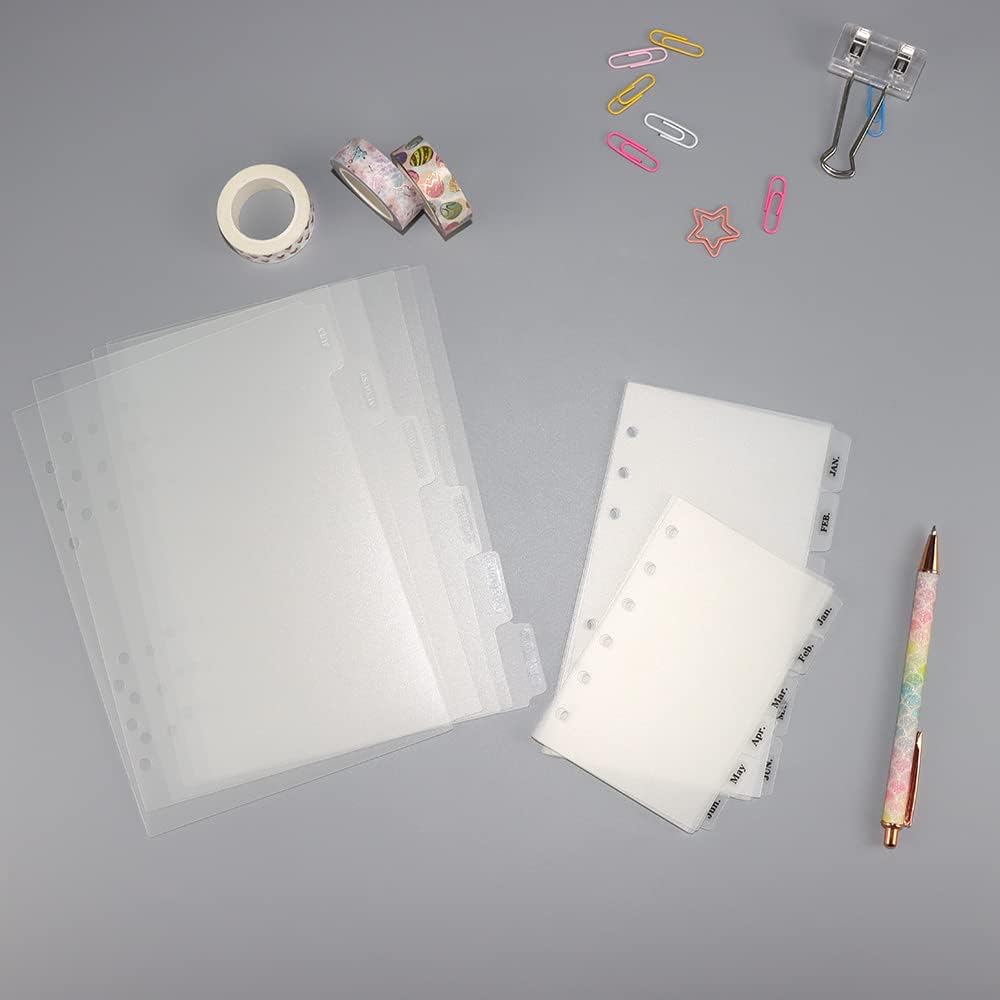 Mogoostry 2 Pack A5 Binder Dividers 6 Tabs Clear Plastic Binder Index Tabs Planner Divider for Round Ring Binder Sheet Protector (Total 12 Dividers)
