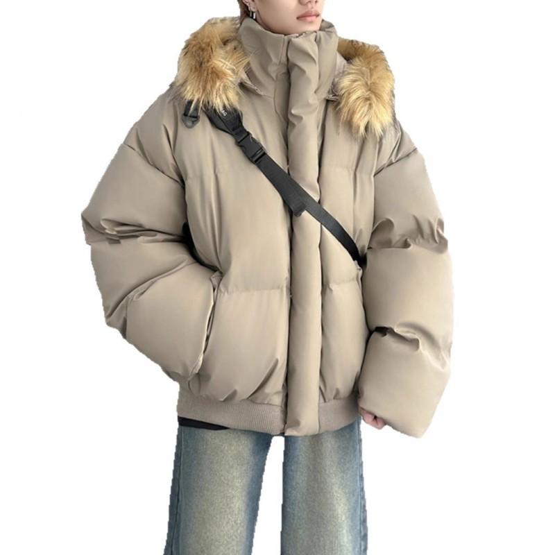 Short Puffer Parka With Faux Fur Trim Unisex Winter Thick Hooded Cotton Coat Solid Color Casual Warm Outerwear