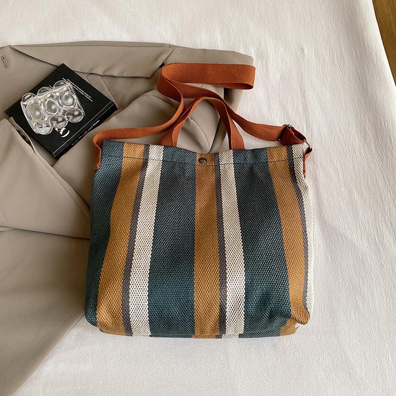 

Вместительная сумка-тоут для студентов колледжей на занятиях. Женская универсальная полосатая холщовая сумка через плечо 2025 года. синий