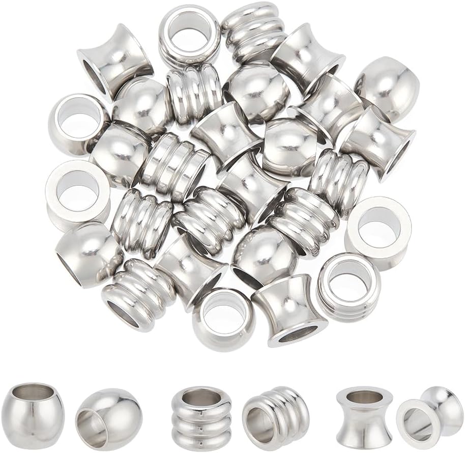 304 Stainless Steel European Beads, Large Hole Beads, Vase/Column/Barrel, Stainless Steel Color, 10x8mm, Hole: 6mm, 3 shapes, 10pcs/shape, 30pcs/box