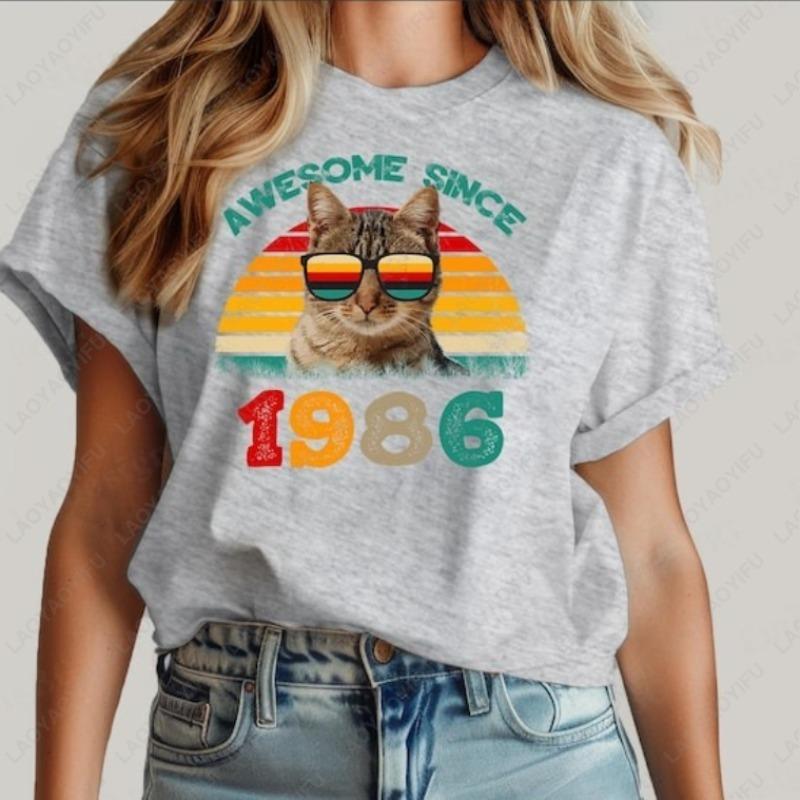 Vintage Awesome Since 1986 Unisex Cotton Shirt Retro Cool Sunglasses Fun Cat Tee 40th Birthday Party Gifts Ropa Mujer Man Tops