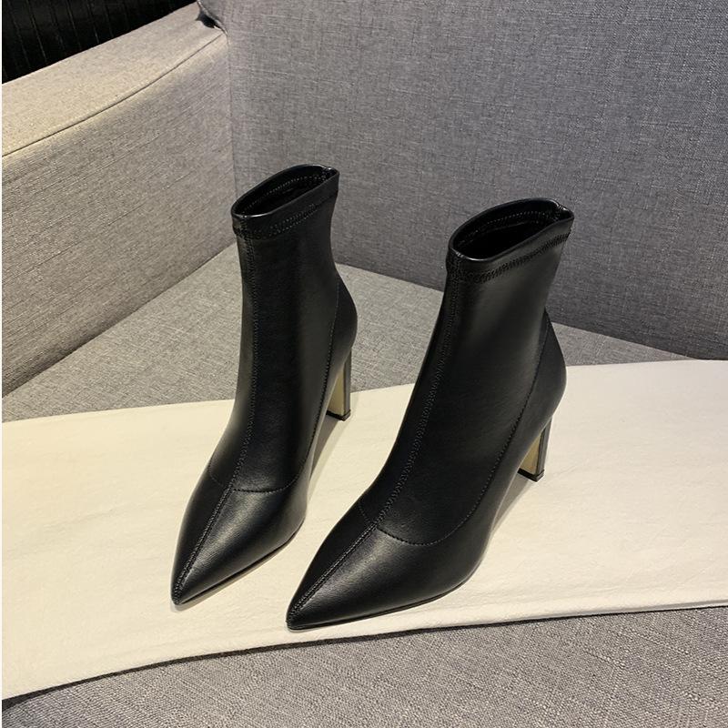 Autumn And Winter Tide Short Boots Thick High Heel Single Boots Pointed Black Elastic Martin Boots Skinny Legs Socks Boots Women