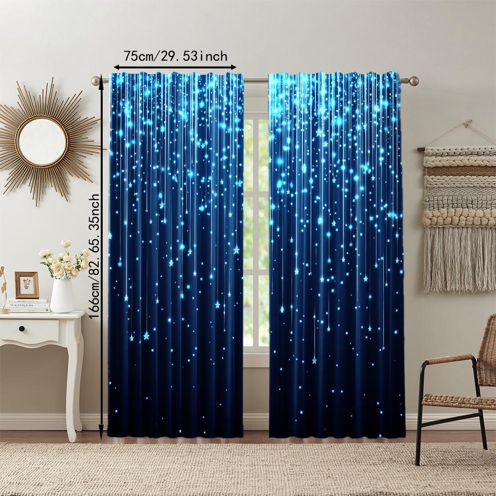 2Pcs Fantasy Blue Night Starry Sky Printed Window Curtain For Bedroom Office Kitchen Living Room And Study Rod Pocket Window