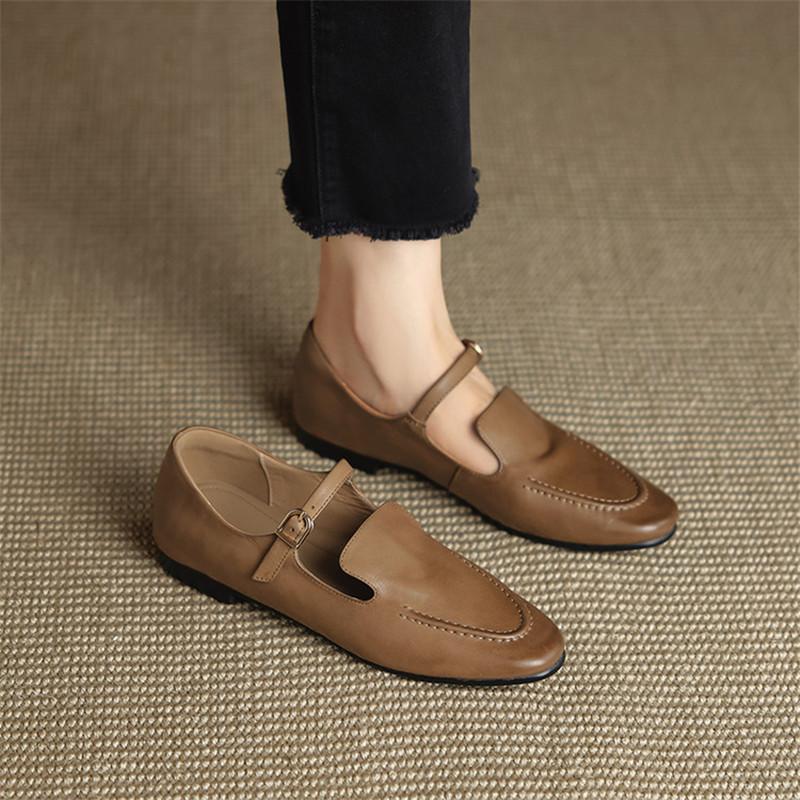 Mode Nouvelles Chaussures Femme en Cuir Véritable Printemps/Automne Bout Rond Chaussures Mary Jane pour Femmes Mode Rétro Boucle Talon Bas Plat Escarpins Femme