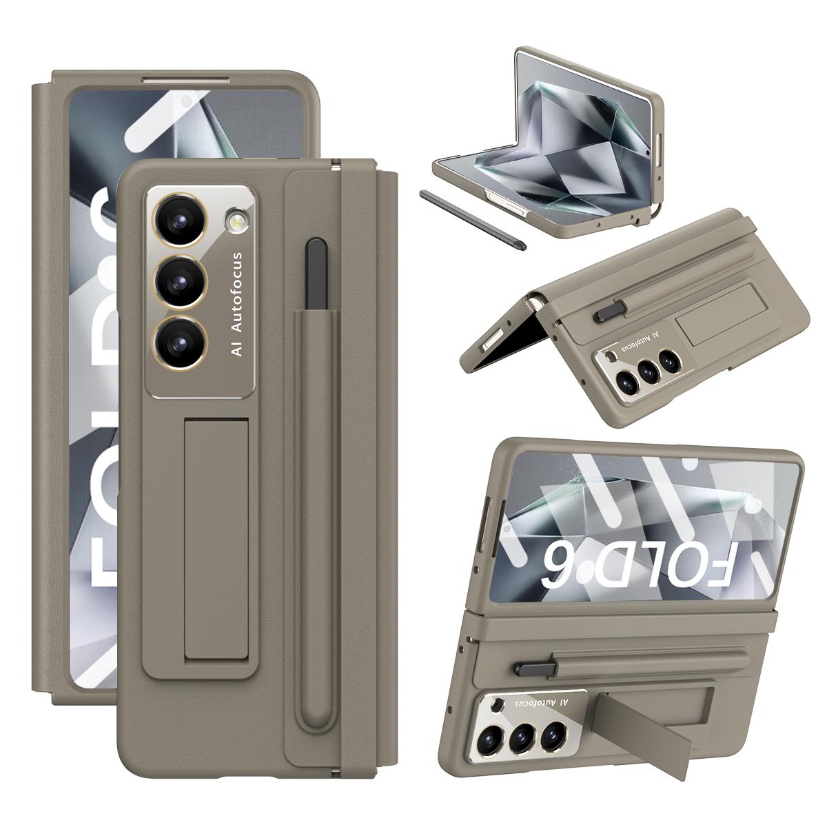 

Для Samsung Galaxy Z Fold6 5G Чехол Защита шарнира Кожаная задняя крышка с пленкой для переднего экрана/стилусом Light Coffee