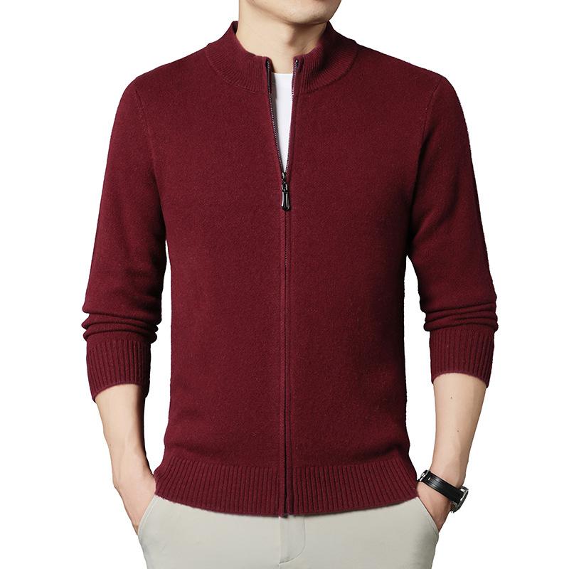 100% Wool Thickened Pure Wool 530G Men'S Middle-Aged And Young Leisure Business Long Zipper Cardigan