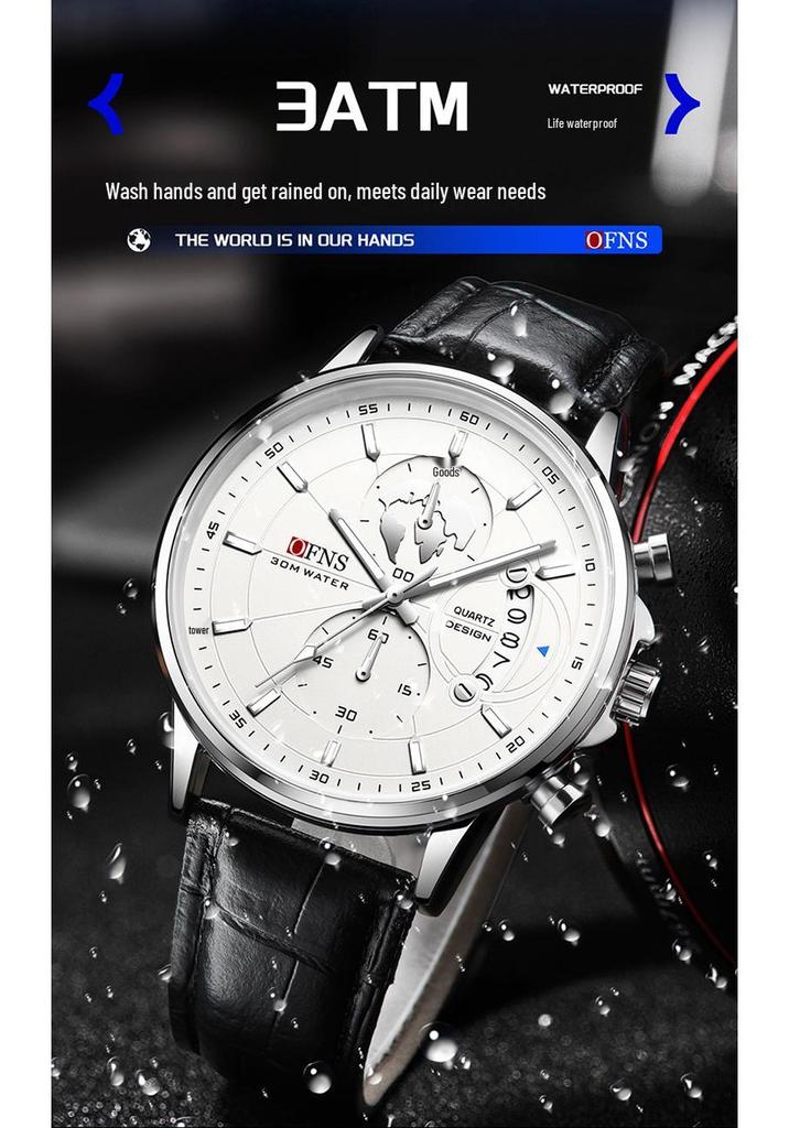 OFNS Men's Fashion Business Watch: Six-Hand Leather Strap, Waterproof with Calendar.