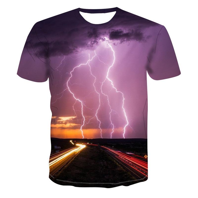 2024 Pánské tričko s 3D potiskem Tričko s potiskem krajiny s blesky Kulatý výstřih Plážová trička Pánské tričko Léto
