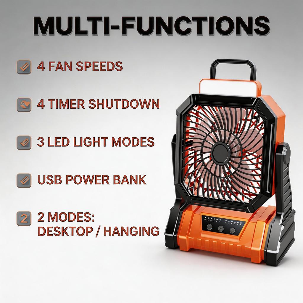Portable Camping Fan Rechargeable Battery Operated with Lights Outdoor Beach Tent Fan 4 Speed Adjustable Brightness Heavy Duty