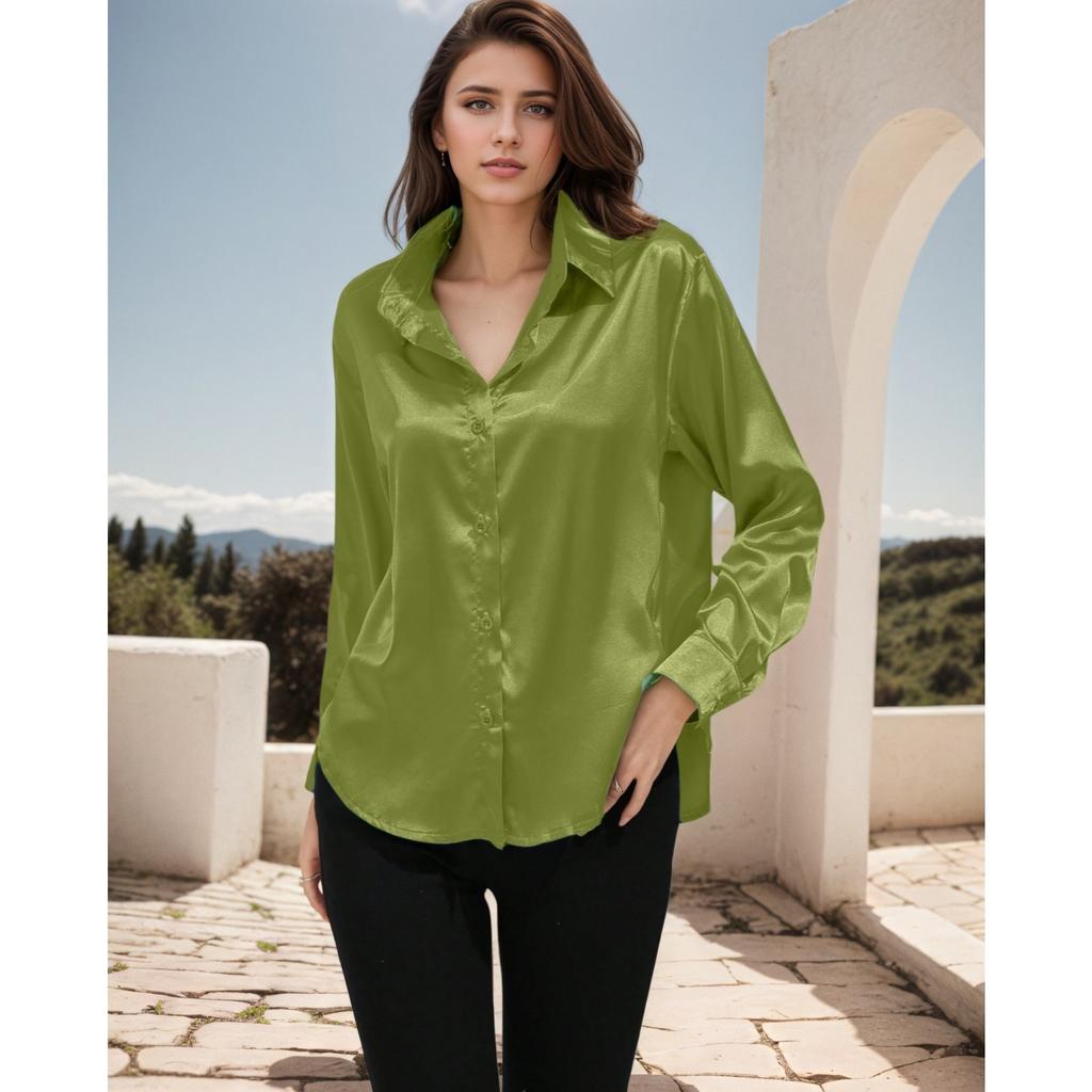 Women's Turn Down Collar Long Sleeve Regular Fit Shirt Casual Button Front Blouse
