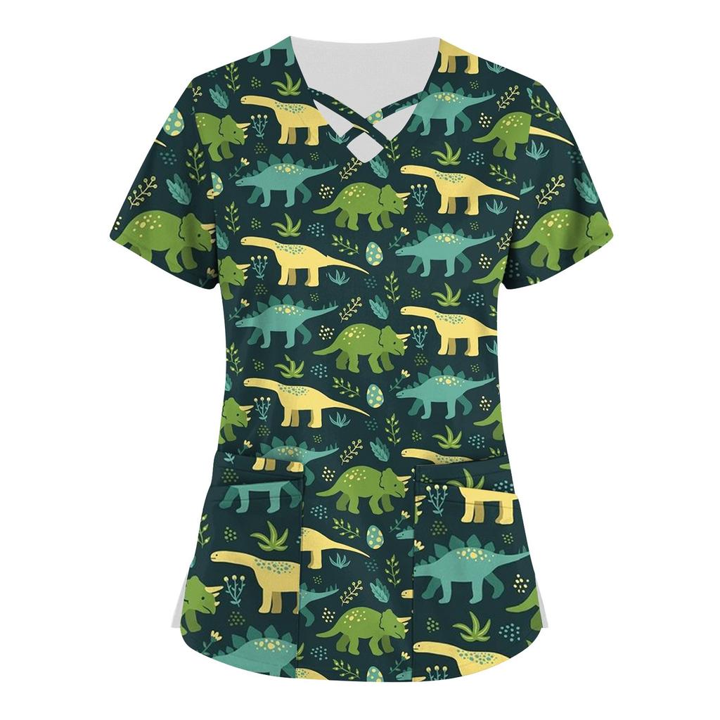 Plus rozmiar śliczny nadruk peeling roboczy jednolite topy dla kobiet krzyżowy dekolt w serek z krótkim rękawem zabawne koszulki odzież robocza Tee z kieszeniami