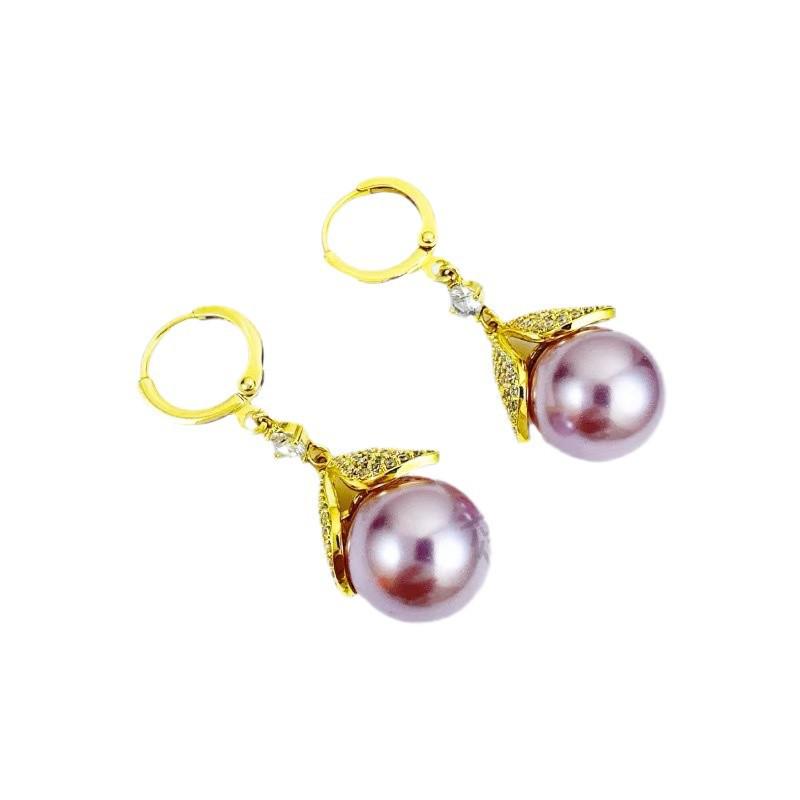 Exquisite Zirconia Leaf Earrings with Purple Pearl Dangles - High-End Luxury Design for Women