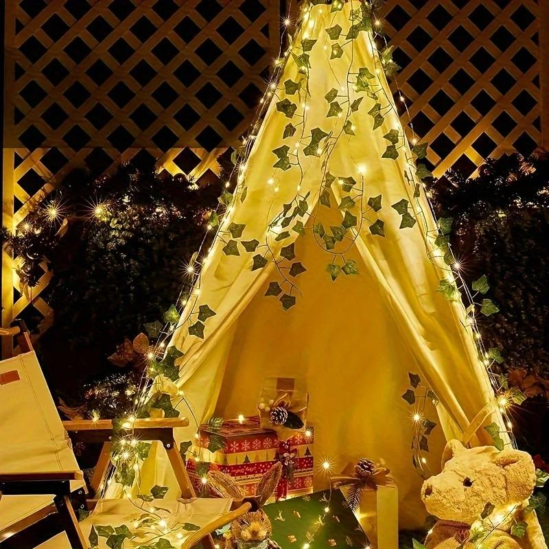 Green Leaves, Vines, Green Vines, LED Lights, Copper Wire Maple Leaf Decorative Lights, Solar String Lights