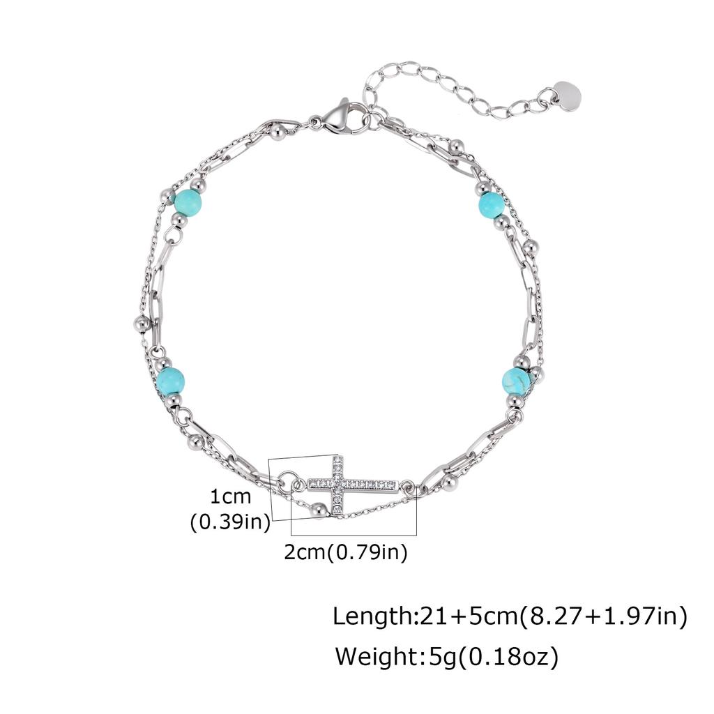 Türkisfarbener Knöchelkettchen, Doppellagige Fußkette mit Kreuz aus Edelstahl, Sommer Strand Schmuck für Damen Anlaufgeschützt Ästhetischer Schmuck