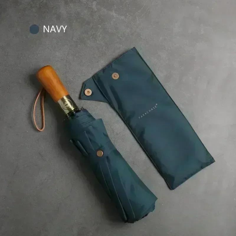 

Полностью автоматический зонт с деревянной ручкой для мужчин, высококлассный деловой складной зонт с защитой от УФ-лучей, женский зонтик от солнца и дождя metal-fiber composite&10K темно-синий