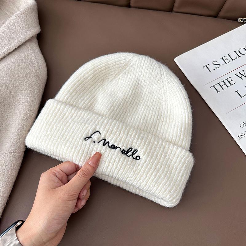 Letter Embroidered Wool Knitted Hat, Casual, Versatile, Thermal and Ear - Protecting, Suitable for Big Head Circumference