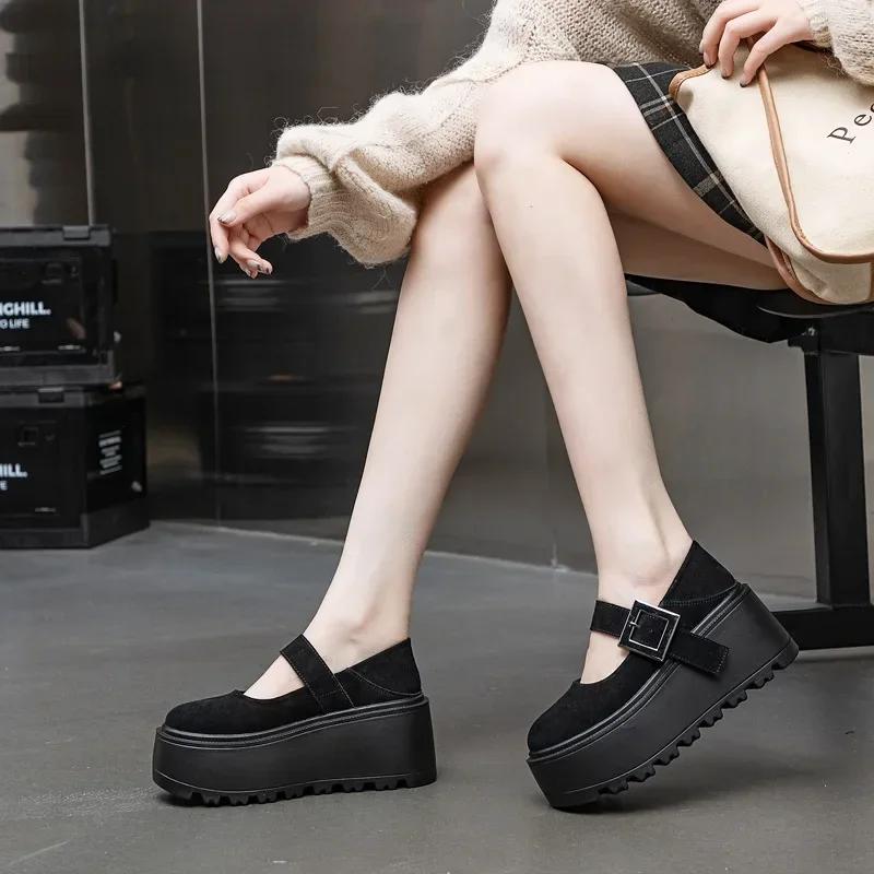 Fashion 8CM New Genuine Leather Designer Platform Wedge Round Toe Pumps Spring Summer Flats Hook Women Fashion Mary Jane Loafer Shoes