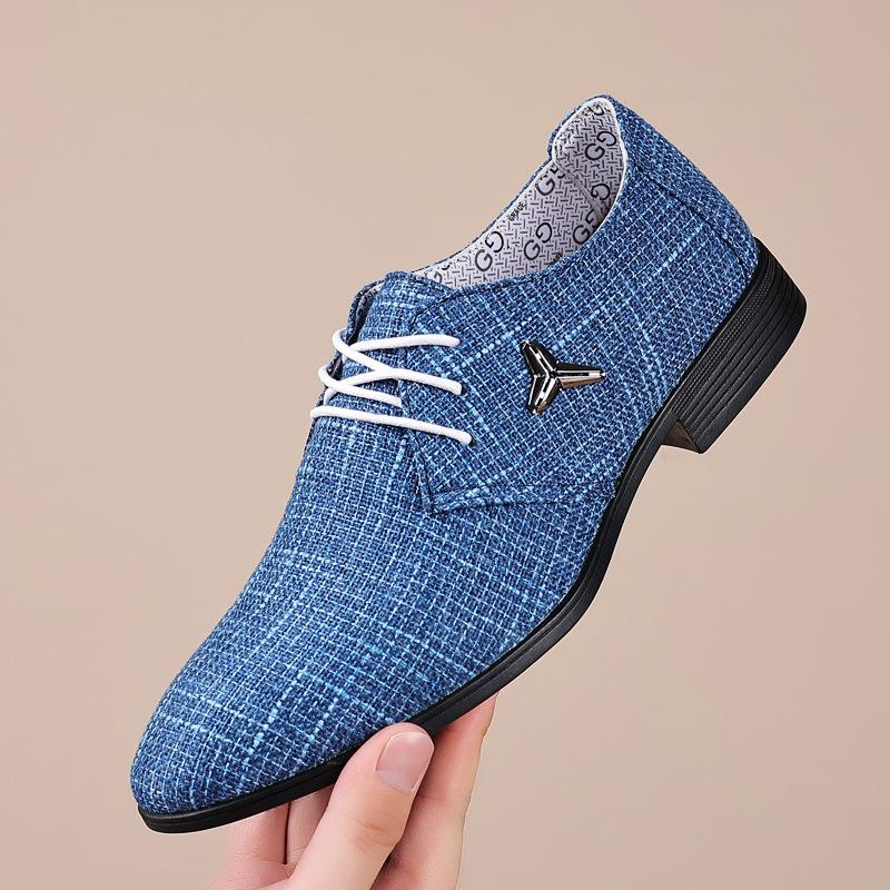 

Весна 2025 года, мужская обувь с острым носком из льна, корейская версия, дышащая мужская обувь, британская повседневная деловая обувь, модные кожаные туфли для мужчин 38 синий