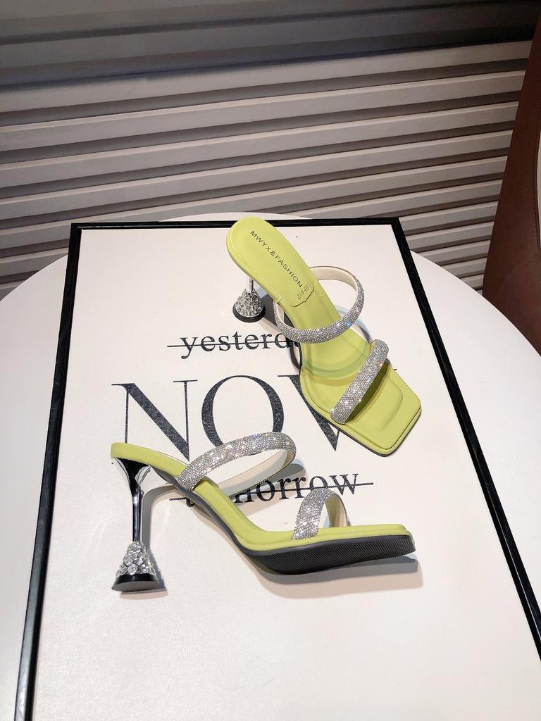 Backspace Thin Heel Temperament Socialite 2025 Summer New Square Head High Heels Rhinestone Word with Cool Slippers Women